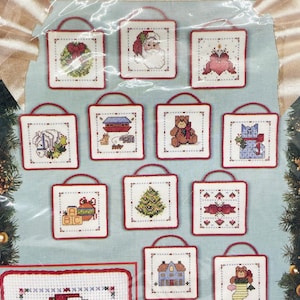Bucilla Victorian Christmas Set of 12 Counted Cross Stitch Ornaments KIT, #82948, Vintage 1991, Finished Size 3&quot; Square, Unopened, DIY KIT