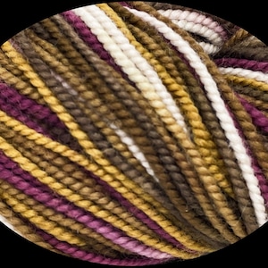 May include: Close-up of a skein of yarn in a variety of colors. The yarn features a blend of white, gold, brown, and purple hues. The yarn is tightly wound, showing the texture and thickness of the fibers, suitable for knitting or crocheting projects.
