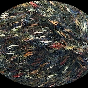 May include: Close-up of a ball of yarn with a dark, textured appearance. The yarn is a mix of dark green, brown, and black, with colorful flecks of red, orange, yellow, and white. The yarn appears soft and suitable for knitting or crochet projects.