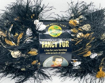 Lion Brand, Fancy Fur Yarn, Novelty Yarn, Eyelash, Black, White, Cream, Gold, Ecru, Color #256 Ecru Ebony, Made in Turkey, Discontinued