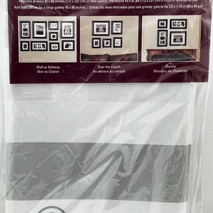 May include: A Gallery Solutions Full Scale Wall Template 1 in a clear plastic package. The label displays three layout examples for wall frames, noting a requirement of at least 40 x 45 inches of wall space and 45 x 80 inches for a large gallery.