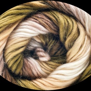 May include: Close-up of a skein of yarn in a circular shape. The yarn is a blend of colors, including shades of green, brown, beige, and cream. The yarn appears soft and textured, suitable for knitting or crocheting projects.