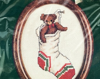 A Country Christmas Cross Stitch KIT, Teddy Bear in Stocking #CCK129, Dale Burdett, Finished Size 4.75"x3.75", Vintage 1985, NEW, Unopened