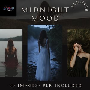 May include: Three images of women in different poses and settings. The first image shows a woman in a red dress standing in a lake. The second image shows a woman in a white dress walking through a forest. The third image shows a woman in a black dress lying on the ground with her face covered by her hand. The text "MIDNIGHT MOOD" is displayed at the top of the image.