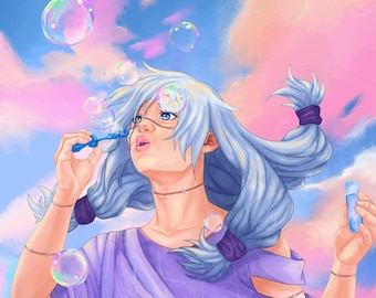 May include: A person with long, white hair blows bubbles in a blue sky with pink clouds. The person is wearing a purple dress and has a bottle of bubble solution in their other hand.