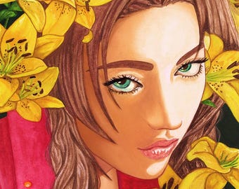 Final Fantasy 7 Aerith Gainsborough: videogame aquarel kunstprint (5 x 7" of A4)