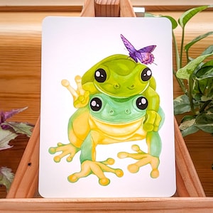 Froggy Friends - traditioneller Kunstdruck, süße Frosch Postkarte, Tier-bezogene Wandkunst, wunderliche Grußkarte