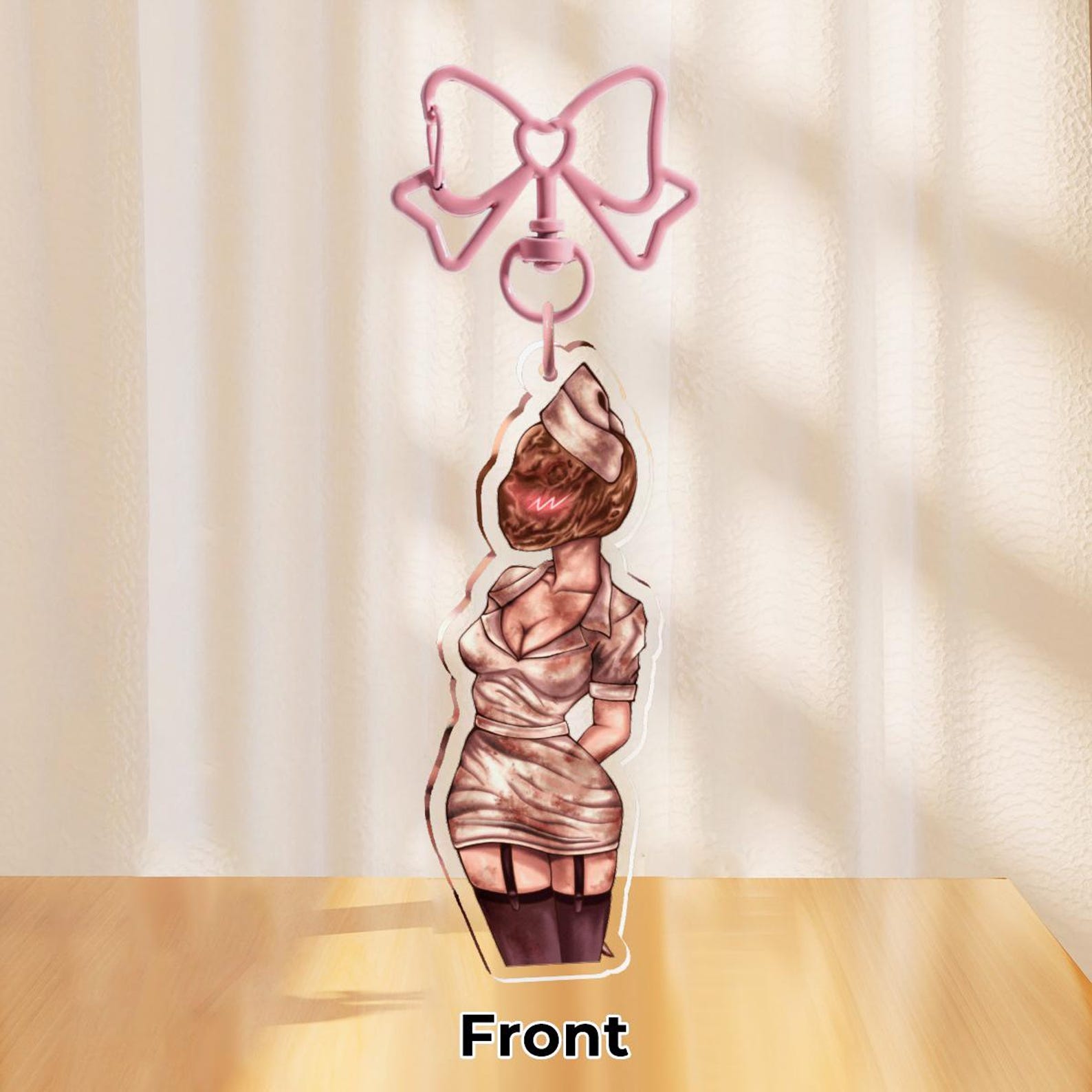 Silent Hill 2 Nurse: Double-Sided Acrylic Keychain Charm with Pink Bow Clasp