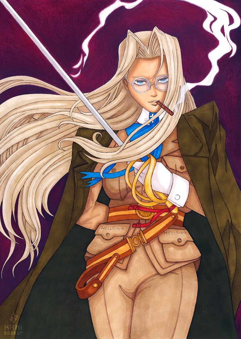 May include: A woman with long blonde hair wearing a brown military uniform with gold trim and a blue sash. She is holding a sword and a cigarette in her mouth. The background is a dark purple color.