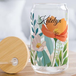 Personalized Floral Glass Sipper: 16oz Custom Name Cup with Lid & Straw