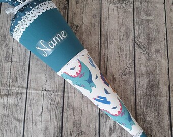 Personalisierte Schultüte aus Stoff – 70 cm – petrol– Schultüte als Kissen – Zuckertüte - Schultüte Dino– Einschulung Dinosaurier