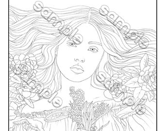 Beautiful girl with flowers portrait coloring page by Maria J. William, instant PDF download