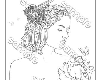 Beautiful woman with flowers & butterflies fantasy portrait coloring page by Maria J. William, instant PDF download