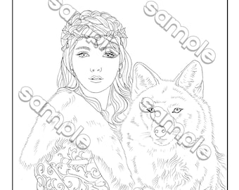 Beautiful woman & wolf winter portrait fantasy coloring page by Maria J. William, instant PDF download