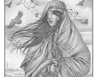 Beautiful woman with ravens in winter grayscale coloring page by Maria J. William, instant PDF download