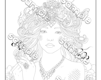 Beautiful mermaid & fish fantasy portrait coloring page by Maria J. William, instant PDF download