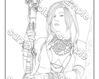 Sexy witch/druid with a staff fantasy coloring page by Maria J. William, instant PDF download