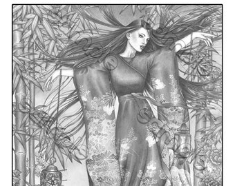 Sad dancing lady in kimono - grayscale coloring page by Maria J. William, instant PDF download