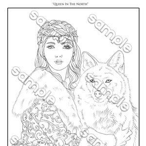 Beautiful woman & wolf winter portrait fantasy coloring page by Maria J. William, instant PDF download