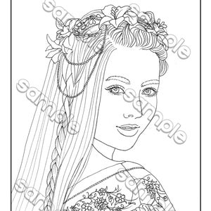 Morgan le Fay fantasy portrait coloring page by Maria J. William, instant PDF download