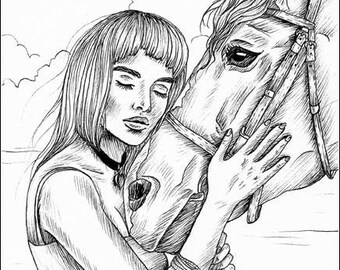Never Let Me Go - original ink sketch, beautiful woman and horse fantasy portrait art by Maria William