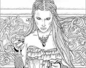 May include: A black and white line drawing of a woman wearing a corset and holding a glass of liquid. She has long hair and is wearing a necklace with a pendant. The background is a decorative design.