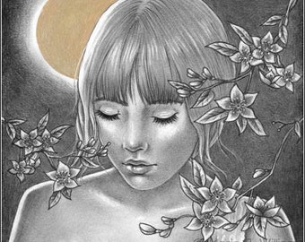 Overture - beautiful woman with moon and blossoms original graphite drawing by Maria J. William