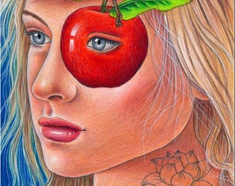Forbidden Fruit - original colored pencil drawing, beautiful woman with apple fantasy portrait by Maria J. William