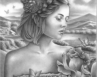 ORIGINS - beautiful woman with flowers original graphite drawing by Maria J. William