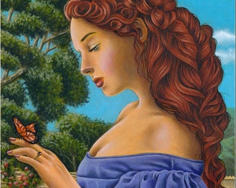 IDYLL - original oil painting, beautiful woman with a butterfly in a garden portrait by Maria J. William