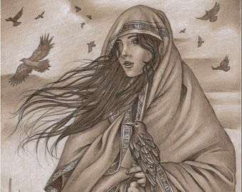 ENTROPY - beautiful woman with ravens fantasy portrait original colored pencil drawing by Maria J. William