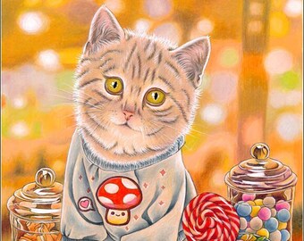 Life Is Sweet - original colored pencil drawing, cute cat in a candy store portrait by Maria J. William