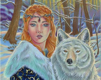 Queen In The North - original colored pencil drawing, beautiful woman and wolf in winter forest fantasy portrait by Maria J. William