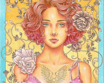 UNBREAK MY HEART - original watercolor painting, beautiful sad woman with heart tattoo & flower motif fantasy portrait by Maria J. William