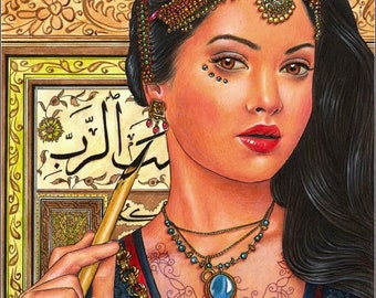 Artisans: Calligrapher - original colored pencil drawing, beautiful Middle Eastern woman with reed pen fantasy portrait by Maria J. William