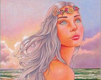 Longing - original colored pencil drawing, melancholy mermaid on the beach fantasy portrait by Maria J. William
