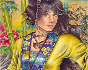 Zephyr - original MATTED watercolor painting, traditional Asian girl by Maria J. William
