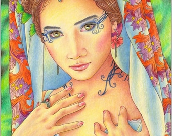 INNER LIGHT - original colored pencil drawing, beautiful woman in shawl fantasy portrait by Maria William