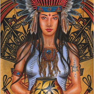 May include: A portrait of a woman wearing a Native American headdress with feathers and a beaded necklace. She is holding a decorated pottery vessel with geometric and bird designs. The background features Native American patterns.
