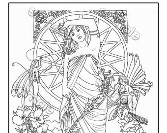 May include: A black and white line drawing of a woman in a flowing dress, standing in front of a large circular window. Two fairies with wings are on either side of her. The title "A New Dress" is at the top of the image.
