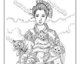 May include: A black and white line drawing of a woman in a traditional Japanese kimono holding three cats. The woman is wearing a traditional Japanese hairstyle and a headband. The text "AN ARMFUL OF MEOW" is at the top of the image.