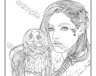Beautiful girl & owl winter portrait fantasy coloring page by Maria J. William, instant PDF download