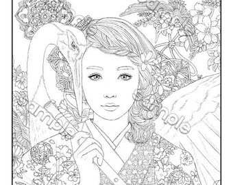 May include: A black and white line art illustration of a woman in a kimono playing a flute with a crane perched on her head. The image is titled "Crane Song" and the artist is Maria J. William.