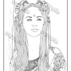 Fantasy female portrait coloring page by Maria J. William, instant PDF download