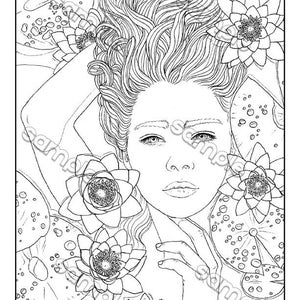 Mermaid fantasy portrait coloring page by Maria J. William, instant PDF download