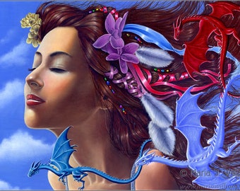 Air Profusion - original oil painting, beautiful woman with little dragons fantasy portrait by Maria J. William