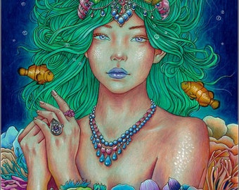 Deep Dive - original colored pencil drawing, beautiful mermaid underwater fantasy portrait by Maria J. William