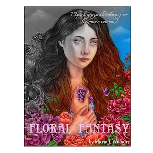Flora Fantasy - BEGINNER 12-pack grayscale coloring book by Maria J. William, instant PDF download
