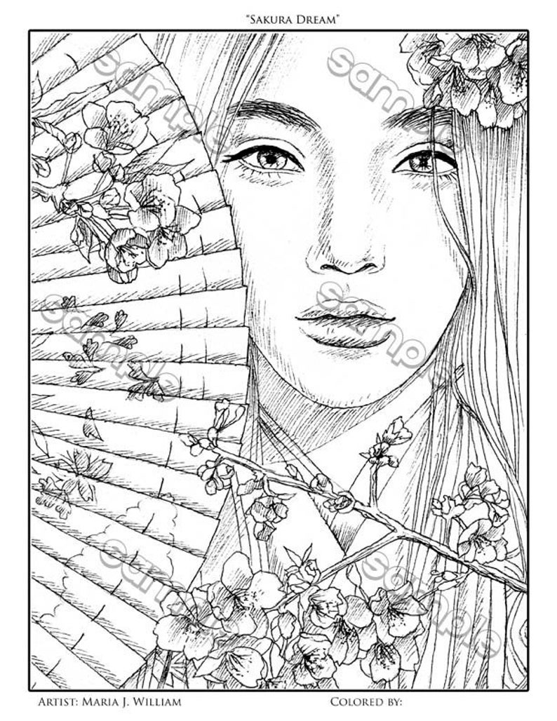 Asian Girl With Fan & Cherry Blossoms Coloring Page by Maria - Etsy