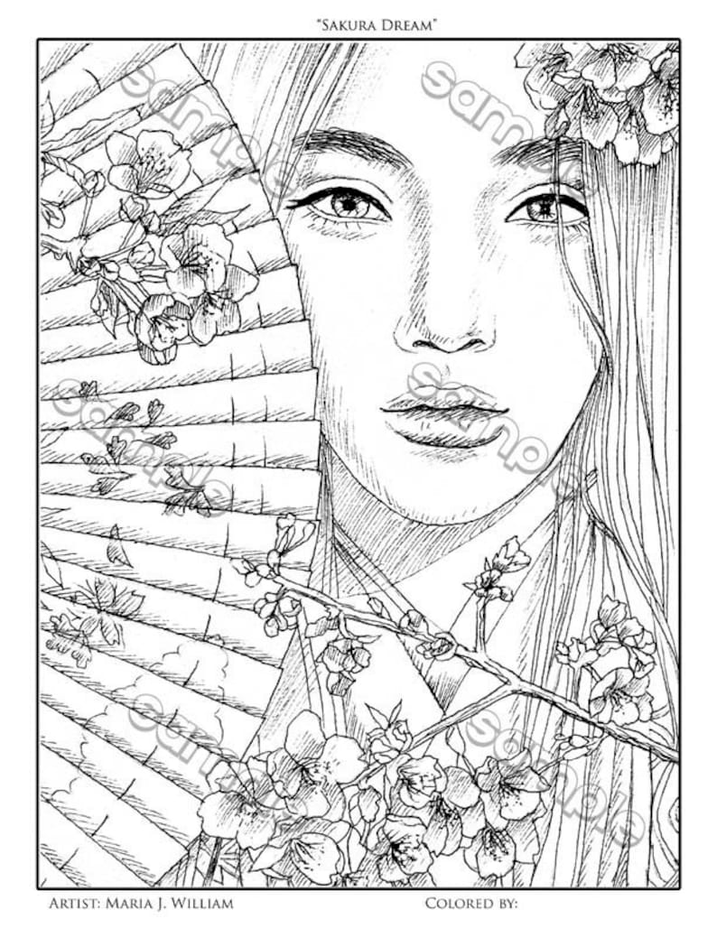 Asian Girl With Fan & Cherry Blossoms Coloring Page by Maria Etsy